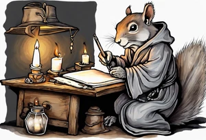 an elderly grey squirrel dressed in a monk robe wearing an eye patch sitting at a desk in the dark holding a quill writing by candlelight tattoo idea