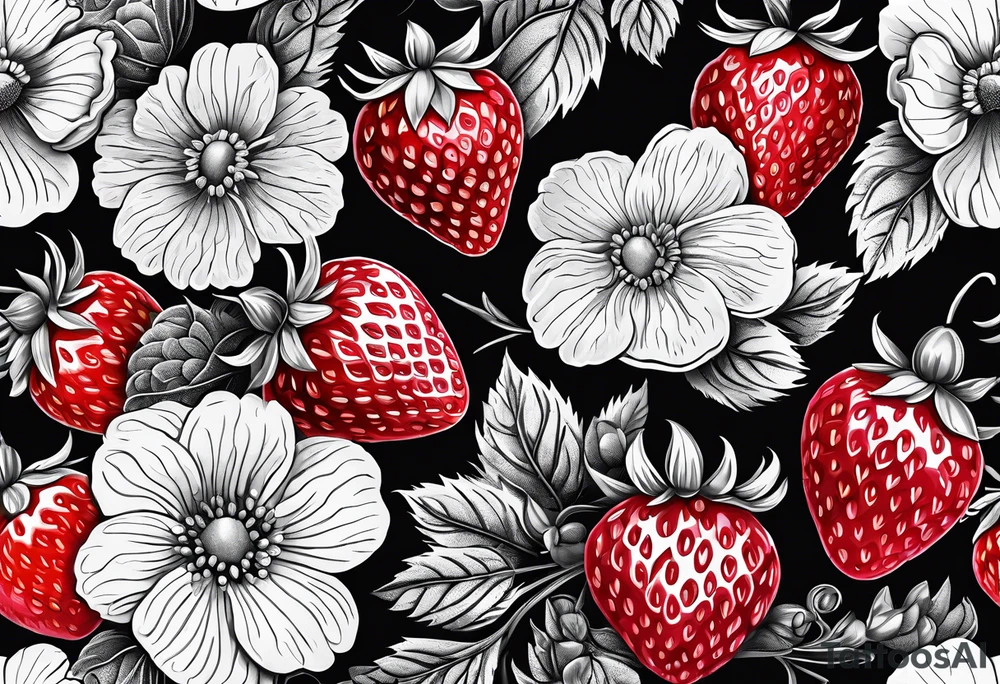 Strawberry, raspberries,  mixed with flowers, 3d tattoo, long leg piece, high detail tattoo idea