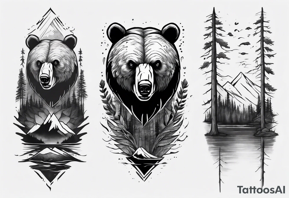 bear head right above the forest line with a lake below, full arm sleeve tattoo tattoo idea