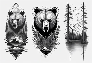bear head right above the forest line with a lake below, full arm sleeve tattoo tattoo idea