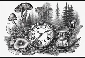 a mounting landscape
an antique clock with the time at 9:44pm
a cinema film
a deck of poker cards
boletus in the forest
Grandma's walking stick
An Italian coffee maker tattoo idea