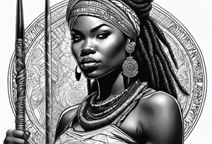 African woman warrior holding spear with deadlocks and earrings. With African setting in the background tattoo idea