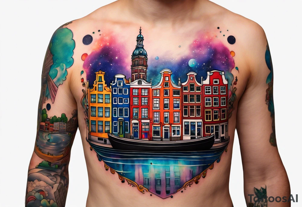 Tattoo of glass animals in Amsterdam buildings and canal featuring glass and colours of galaxy and universe colours tattoo idea