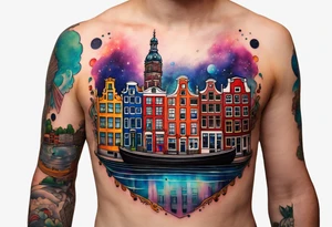 Tattoo of glass animals in Amsterdam buildings and canal featuring glass and colours of galaxy and universe colours tattoo idea