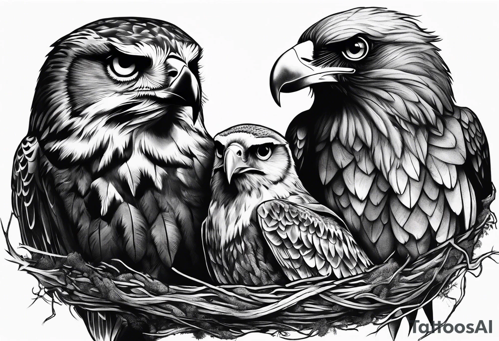 Owl, raven, eagle cuddled in a nest, looking down into the nest tattoo idea