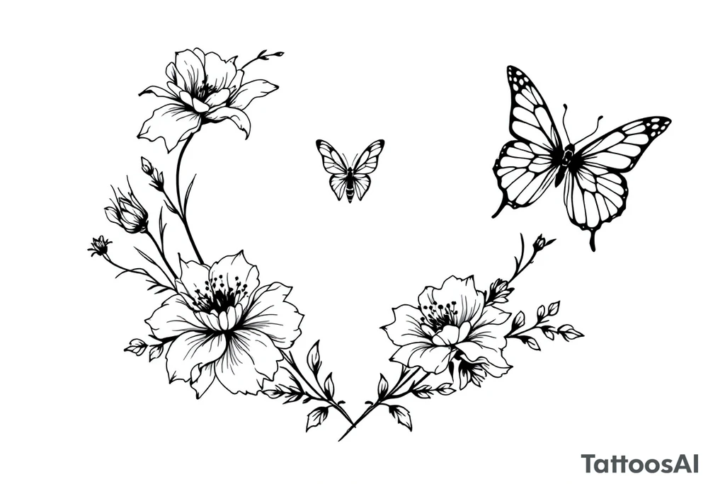 Flowers, heart and buttherfly with name Zackary and Charlie tattoo idea