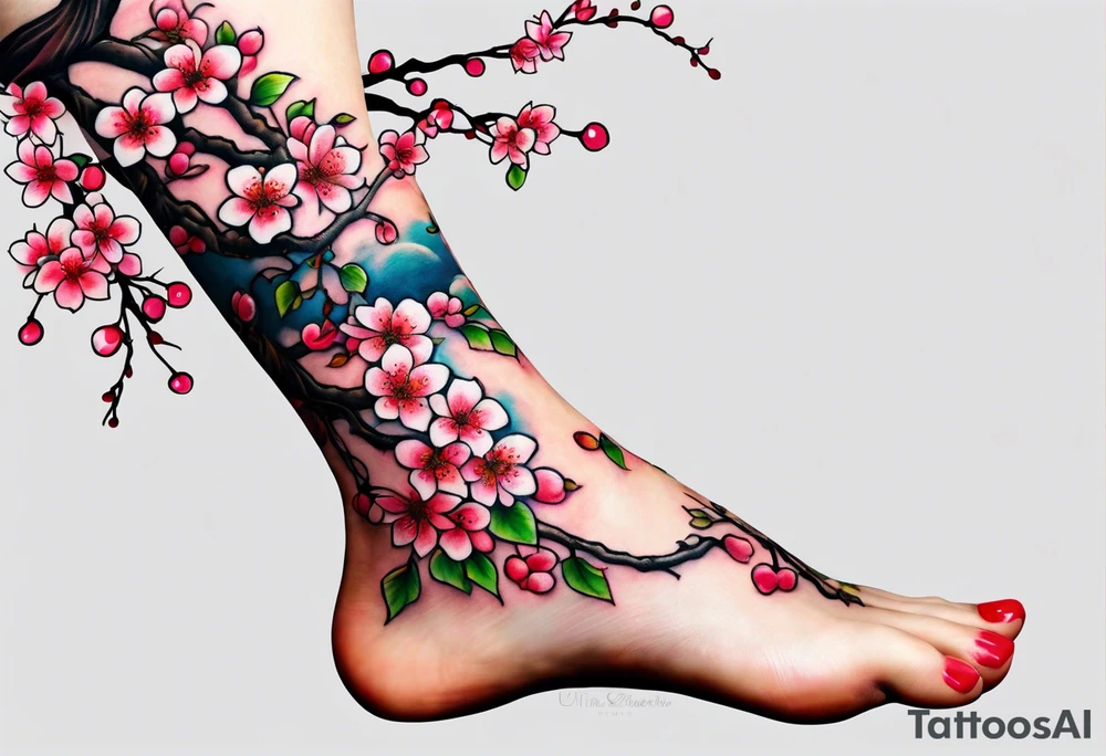 A foot tattoo of colorful cherry blossoms on a pink branch tattoo idea