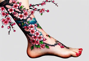 A foot tattoo of colorful cherry blossoms on a pink branch tattoo idea