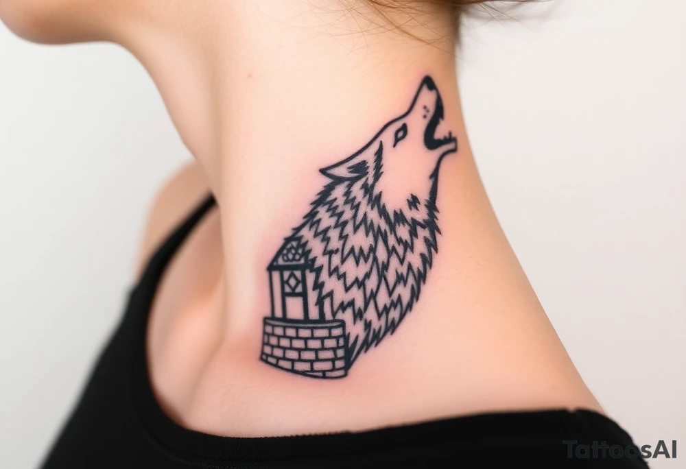 Big  wolf  blowing down   a brick house tattoo idea