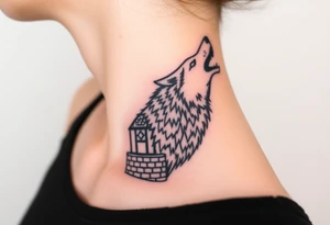 Big  wolf  blowing down   a brick house tattoo idea