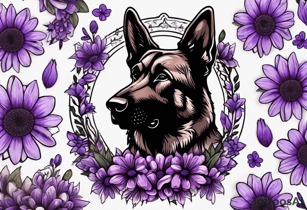 Dark Brown German shepherd portrait surrounded by purple daisies tattoo idea