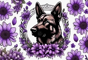 Dark Brown German shepherd portrait surrounded by purple daisies tattoo idea