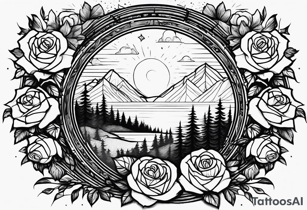 wilderness with roses as sun tattoo idea