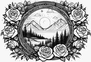 wilderness with roses as sun tattoo idea
