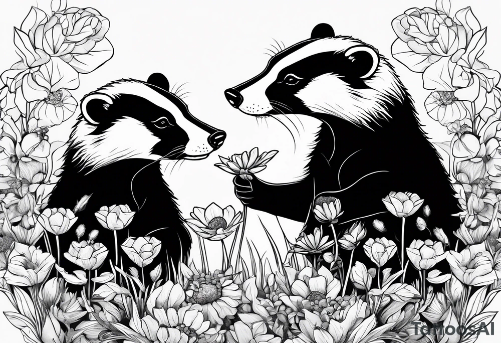 Trippy, pair of badger siblings in a field of flowers smoking a joint tattoo idea