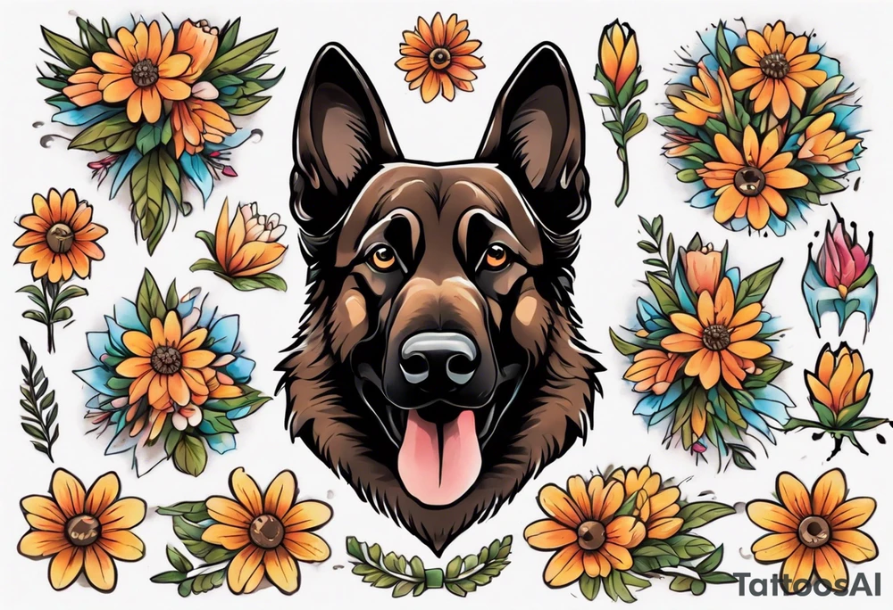 Dark Brown German shepherd portrait surrounded by  daisies brightly colored tattoo idea