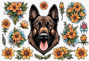 Dark Brown German shepherd portrait surrounded by  daisies brightly colored tattoo idea