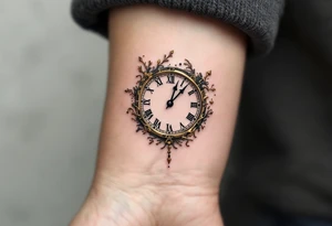 Delicate golden clock hands frozen at 9:17, with "Ela" and 3.5.2022 in fine black ink. tattoo idea