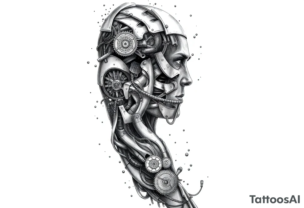 A full sleeve tattoo design The design features a melted skin effect, revealing detailed robotic parts and mechanical components underneath. The melted skin appears torn and organic, seamlessly transitioning to intricate gears, wires, and futuristic machinery beneath, creating a striking fusion of human and robotic elements. tattoo idea