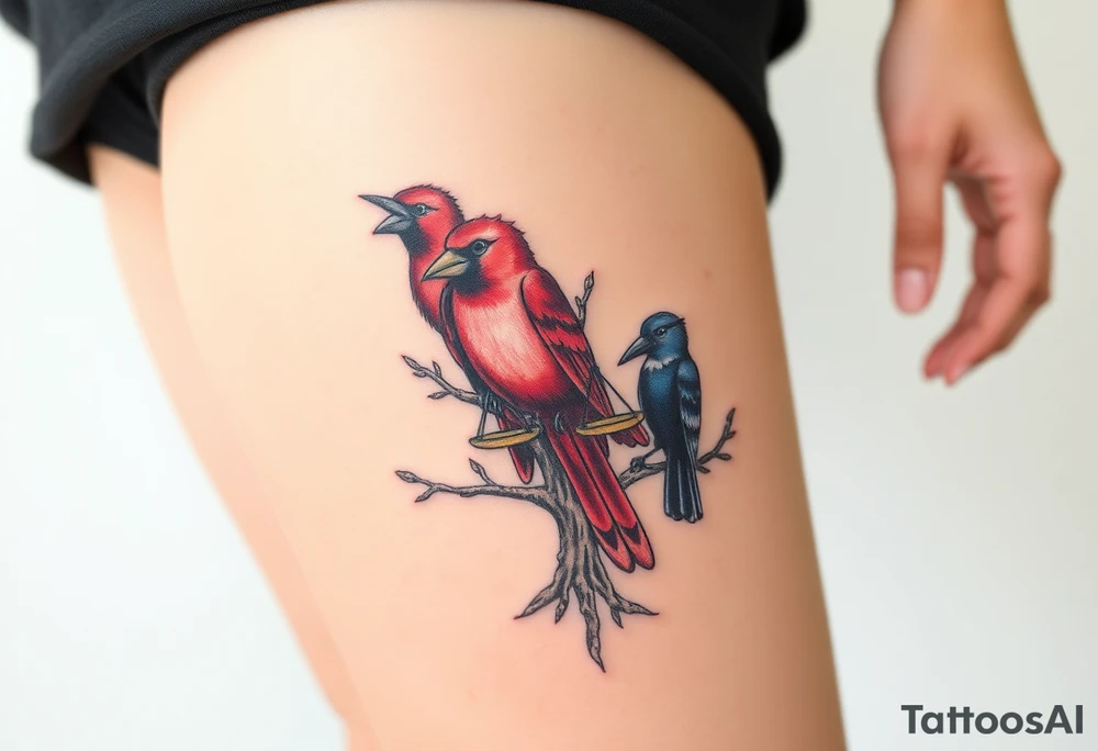 one of the birds red wearing a suit, other bird navy blue with glasses or holding a book, scales of justice built into a tree, starry night painting and mountain background tattoo idea