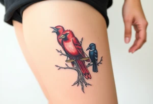 one of the birds red wearing a suit, other bird navy blue with glasses or holding a book, scales of justice built into a tree, starry night painting and mountain background tattoo idea