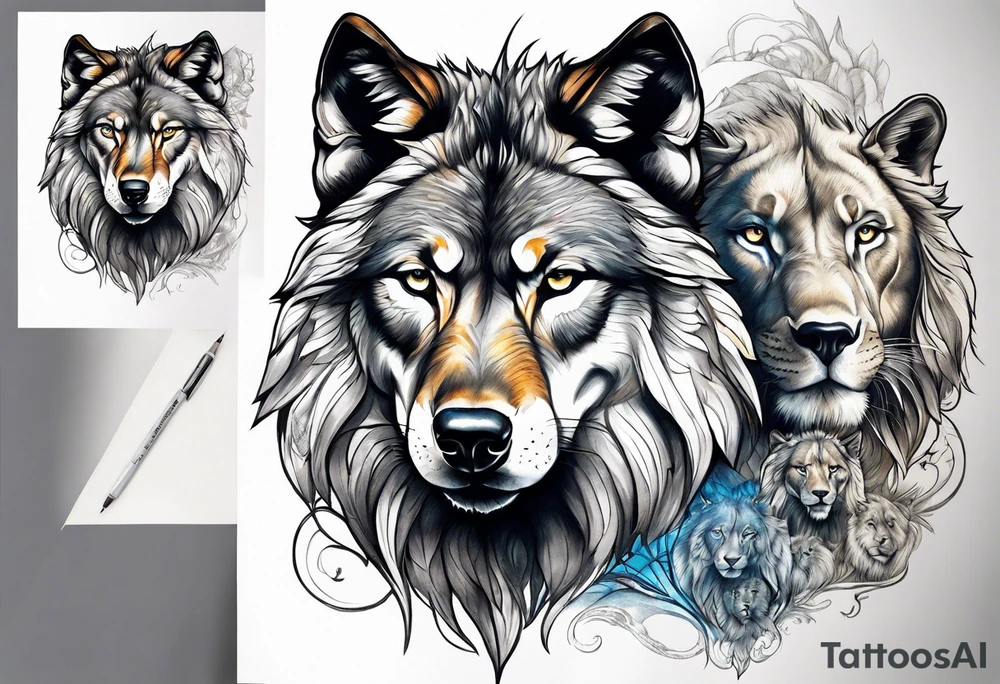 A powerful wolf with lions main tattoo idea