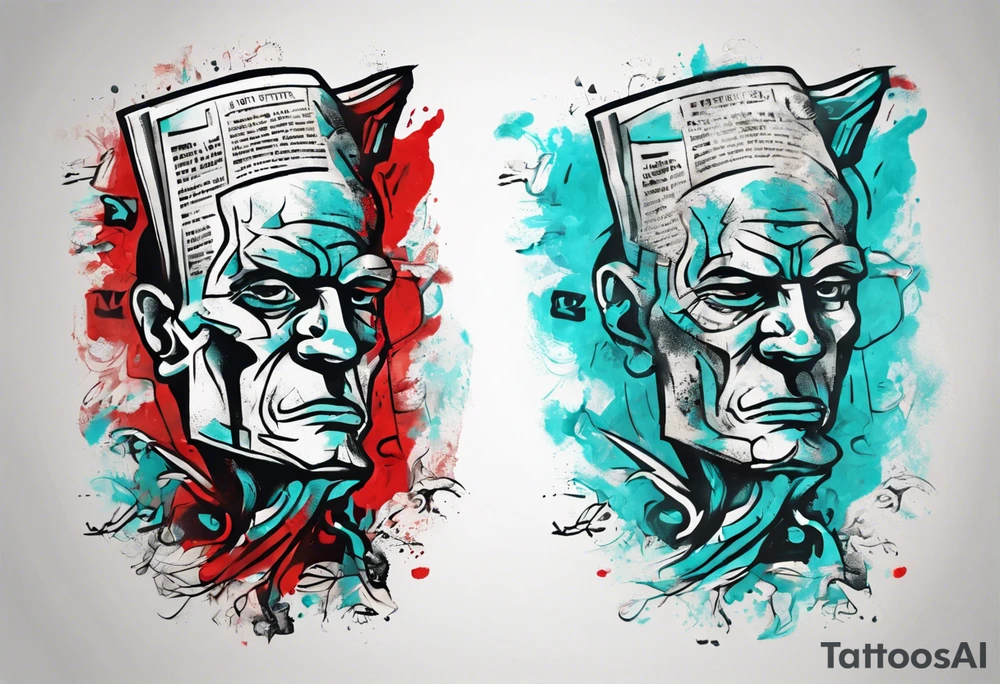 an art showing a newspaper on the leg and shoulder, old ritual, in the style of abstract portraits, textured pigment planes, red and cyan, stencil art, gothic romanticism, full white background <https://s.mj.run/gUiE1vI_8x0> tattoo idea