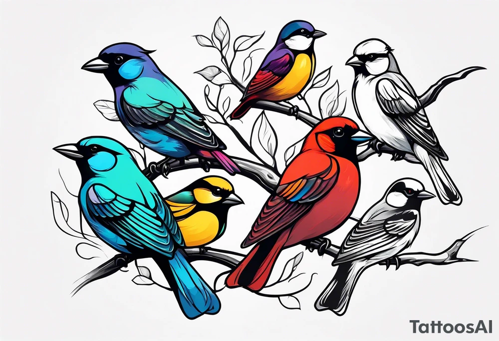 Seven small, colorful birds tattoo idea
