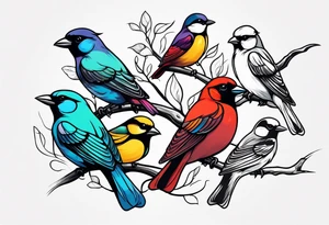 Seven small, colorful birds tattoo idea