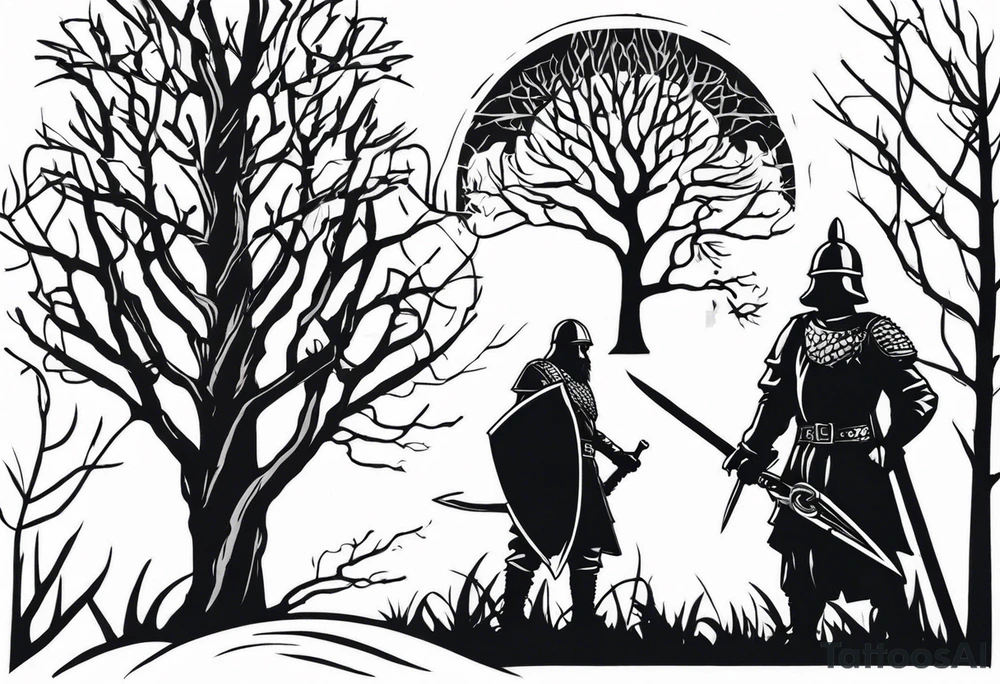 minimalist gothic trees, with an ancient slavic rus soldier wearing a helmet and a spike in hand in the background tattoo idea