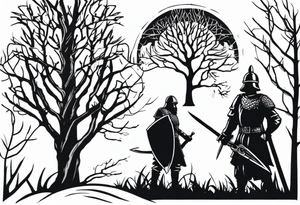 minimalist gothic trees, with an ancient slavic rus soldier wearing a helmet and a spike in hand in the background tattoo idea