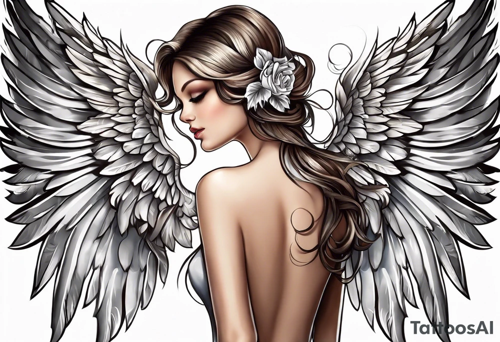 beautiful angel wings. with flilgree in the background tattoo idea