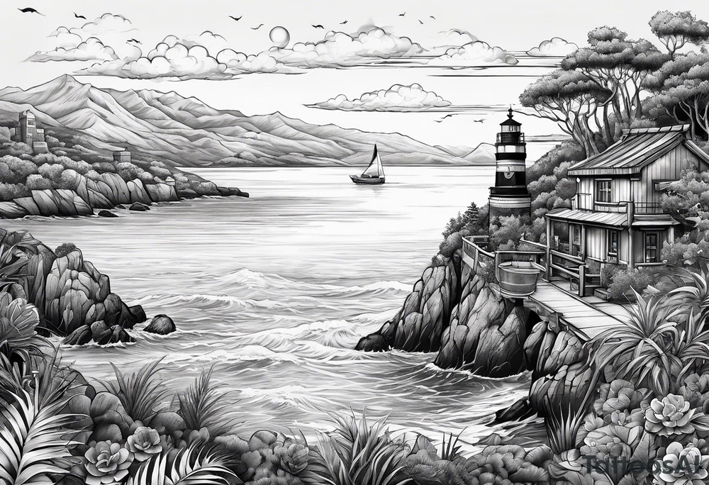 Sea view port syle tattoo idea