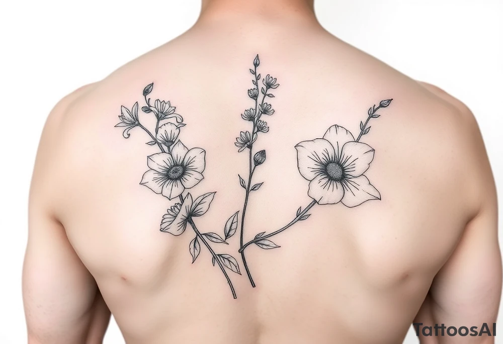 larkspur + hawthorne sleave tattoo, red ink. just the line art, no human mock-up
. tattoo idea