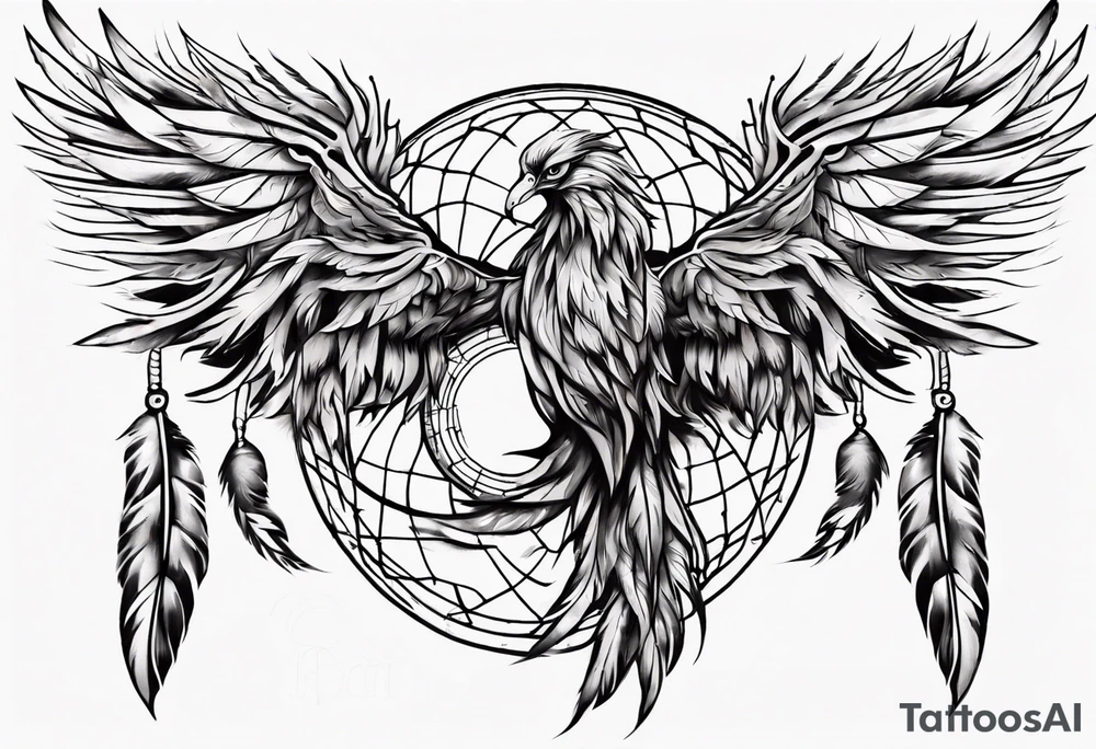 Fire Phoenix flying out of dream catcher tattoo idea