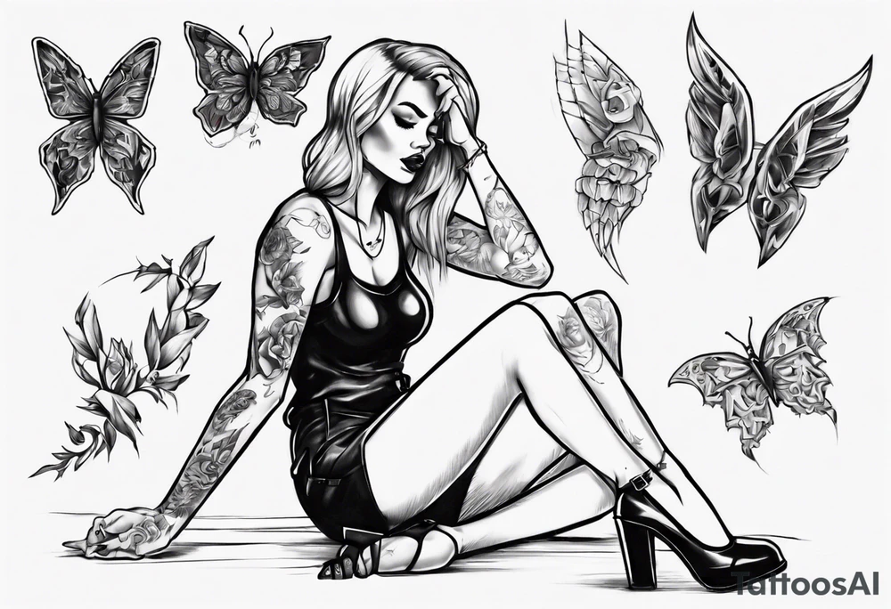 A girl in heels sits on the floor with two legs wide open tattoo idea