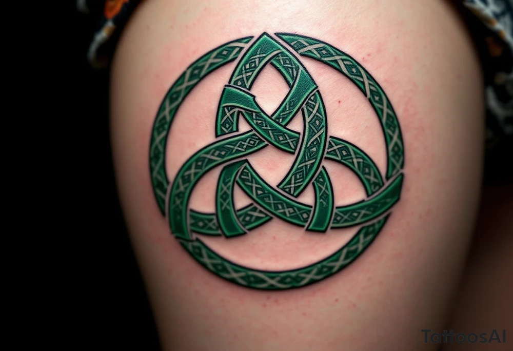 A bold Celtic triskelion in deep emerald green, with intricate knotwork woven into each spiral, symbolizing eternal growth and balance. tattoo idea