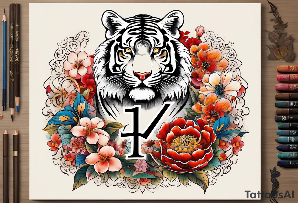 Numerology with flowers, tiger and the numbers 1111, 888, 222, 444, 777, 1234 tattoo idea