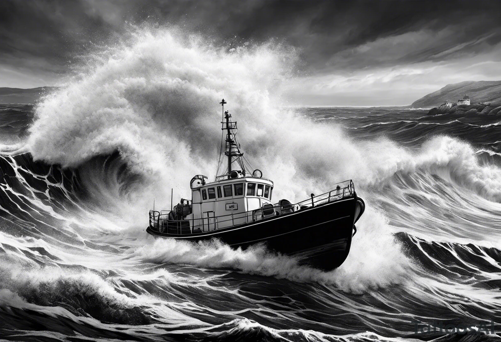 lifeboat on raging sea in cornwall tattoo idea