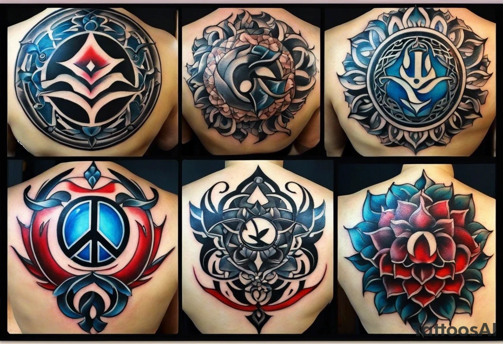 a tattoo whose main theme is balance but also resembles new begining, strong willpower, peace and loyalty. This should be for the front part of the shoulder. maybe add the ying-yang symbol somewhere in the tattoo. Tattoo should have an equal amount of blue and red along with the overall tattoo being black tattoo idea