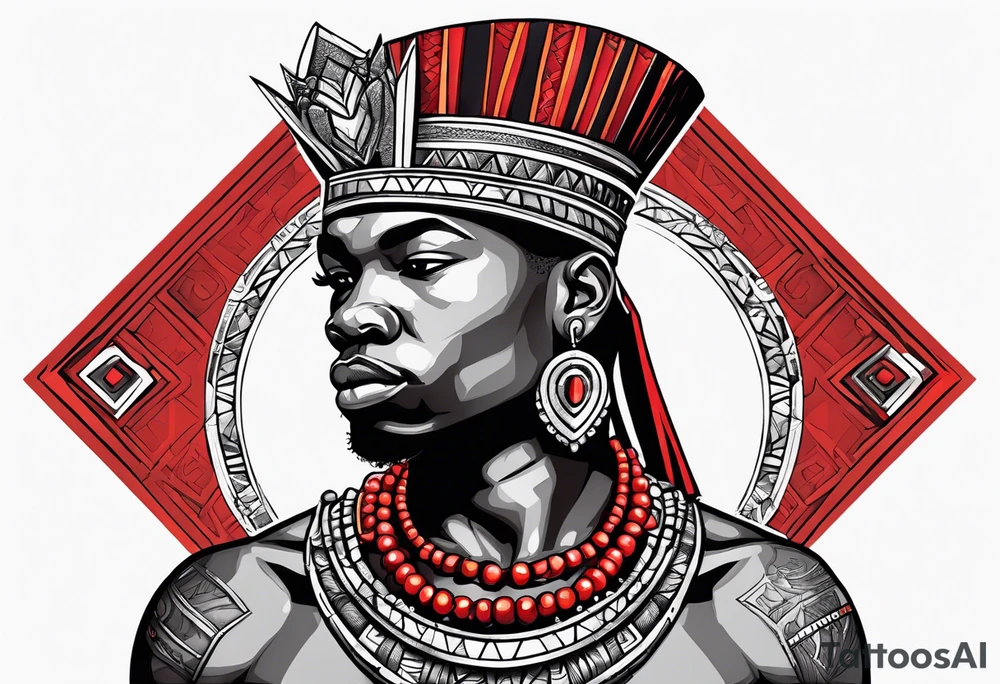 african warrior with a small silver crown and a red necklace tattoo idea