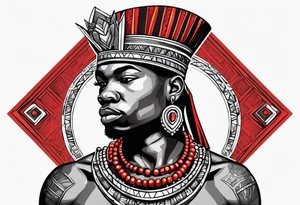 african warrior with a small silver crown and a red necklace tattoo idea