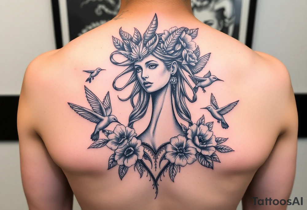 feminine medusa surrounded by hummingbirds and flowers tattoo idea
