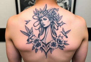 feminine medusa surrounded by hummingbirds and flowers tattoo idea