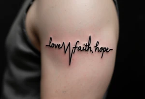 "Love, Faith, Hope" formed by a single black line connecting into a heartbeat waveform with red accents. tattoo idea