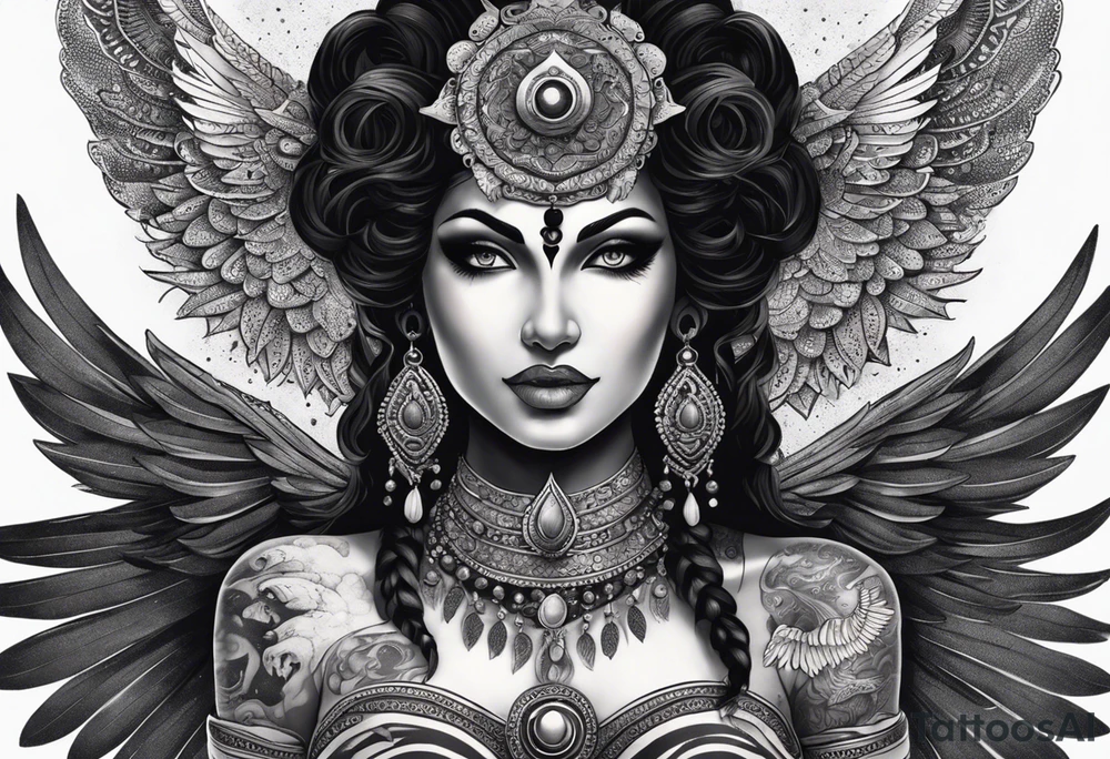 black kali, goddess pirate, alien, angel, pachamama, valkrye, warrior, flying, skull, lotus azul, wing, eagle, zenza resonance, stars, 5D, anahata chakra, death, durga, riding on a tiger, flying lady, kundalini, chest tatoo, samuri, rebel tattoo idea