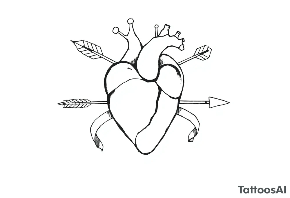 anatomical heart pierced by ornate arrow with flowing ribbons tattoo idea