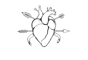 anatomical heart pierced by ornate arrow with flowing ribbons tattoo idea