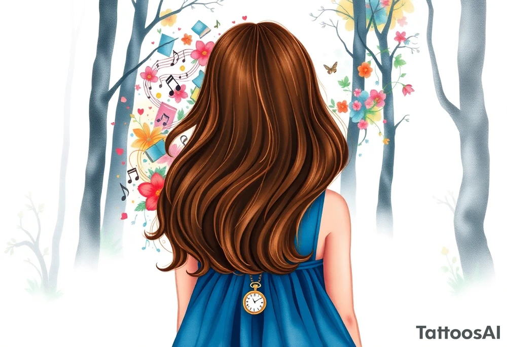 Back view of the silhouette of a brown hair girl in a blue dress inside a forest. She is following a colorful swirl of music notes, books, and flowers. A pocket watch is at the end of the swirl. tattoo idea