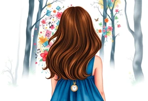 Back view of the silhouette of a brown hair girl in a blue dress inside a forest. She is following a colorful swirl of music notes, books, and flowers. A pocket watch is at the end of the swirl. tattoo idea
